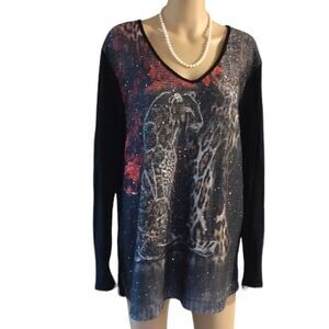 Jane & John Women's Size Large, Black Leopard Rhinestone Long Sleeve Top